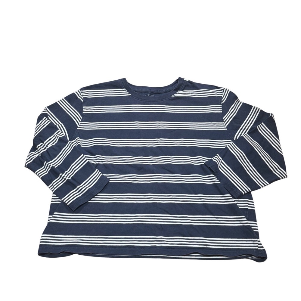 LL Bean Womens Navy Blue White Striped Long Sleeve Cropped T-Shirt Small Regular